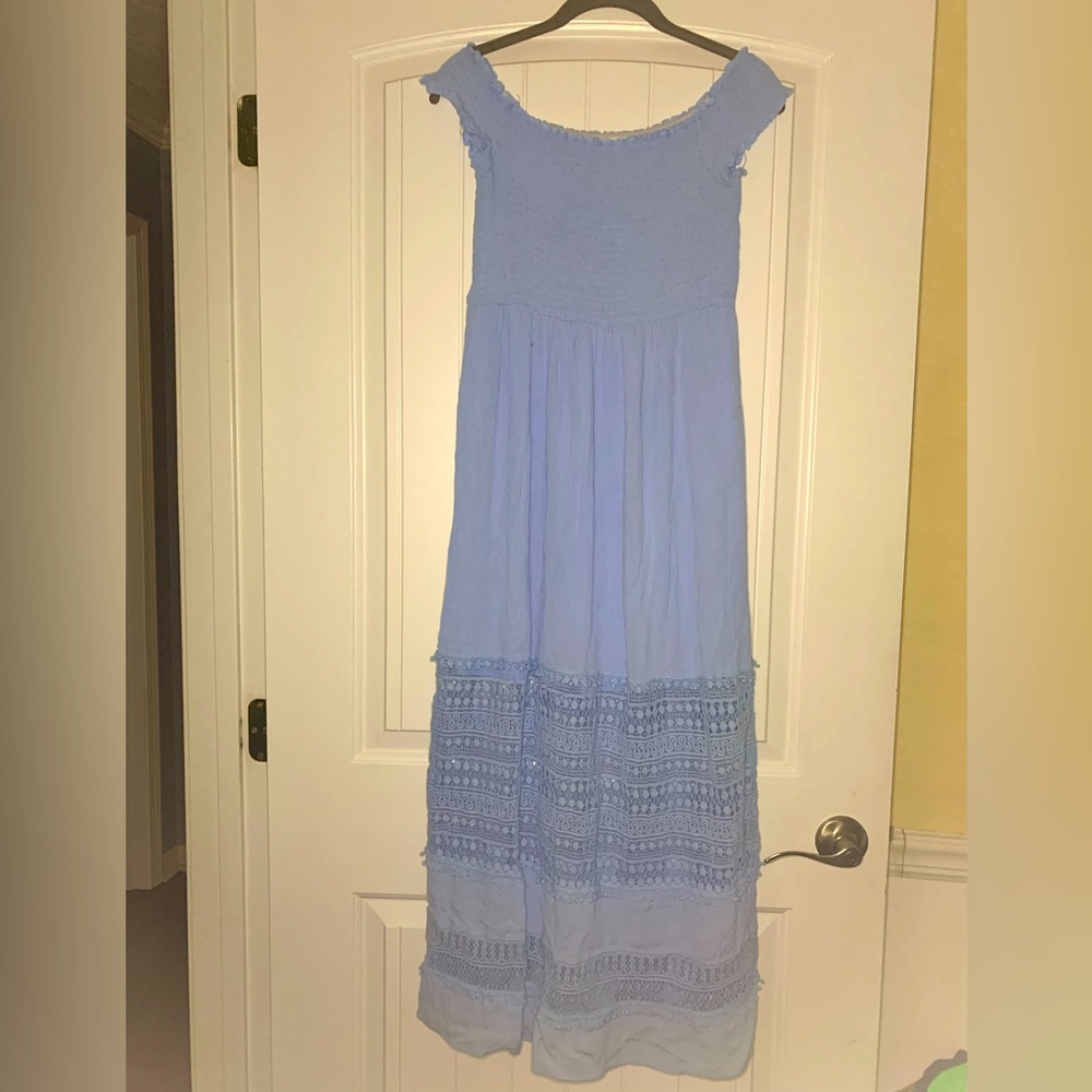 On or off should baby blue maxi dress with knee length slip and crochet details